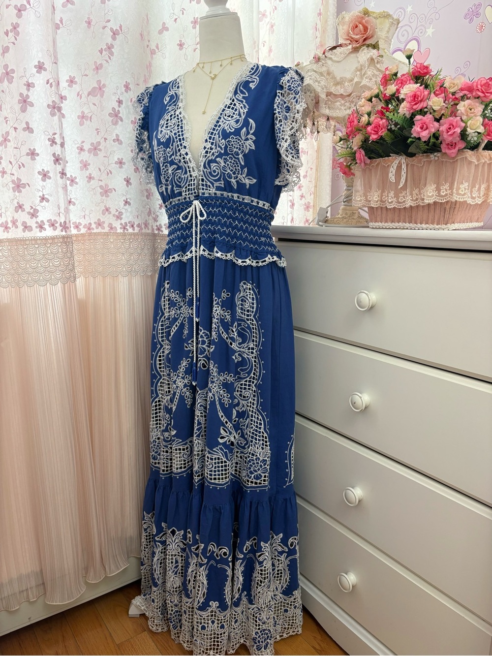 Farm Rio Blue Romantic Richelieu Maxi Dress - Picture 4 of 8